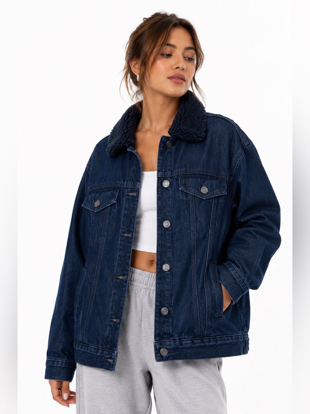 Tommy Hilfiger Denim Sherpa Lined Barn Jacket Dark Wash Utility Cabincore Cozy